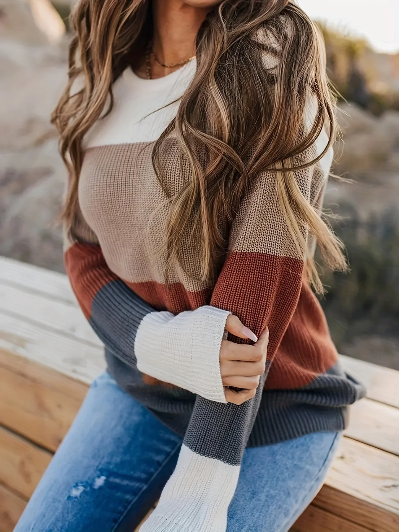 Miyouj Loose Knit Round Neck Sweater Women Solid Color Top Stripe Long Sleeve Pullovers Tops Casual Knitwear Base Winter Clothes 241029