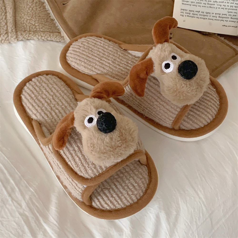 Female winter personality fun cartoon dog creative Velcro fluffy cotton slippers Warm and interesting shoes for home bedroom in winter