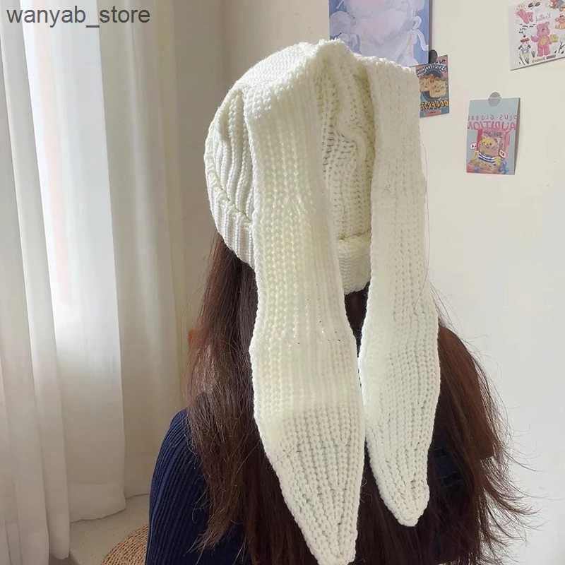 Wide Brim Hats Bucket Hats 24 new color blocked knitted long rabbit ear hat for womens autumn and winter cute big head circumference contrasting yarn 