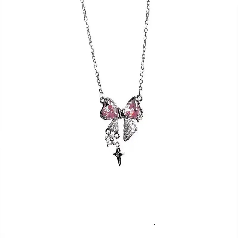 Korea n Bowknot Pink Zircon Cross Pendant Necklaces Fashion Temperament Clavicle Chain for Women Trendy Party Jewelry 241031