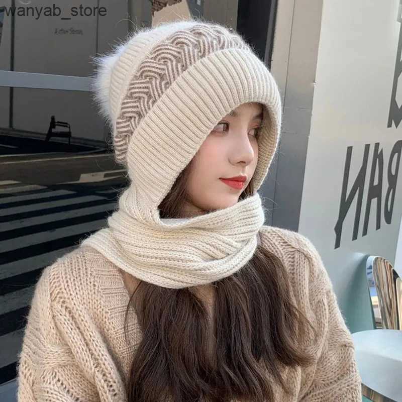 Wide Brim Hats Bucket Hats Scarf One Piece Hat Women Winter Cycling Windproof Woolen Hat outdoor Thickened Knitted Hooded Cap Shawl hats neck warmer b
