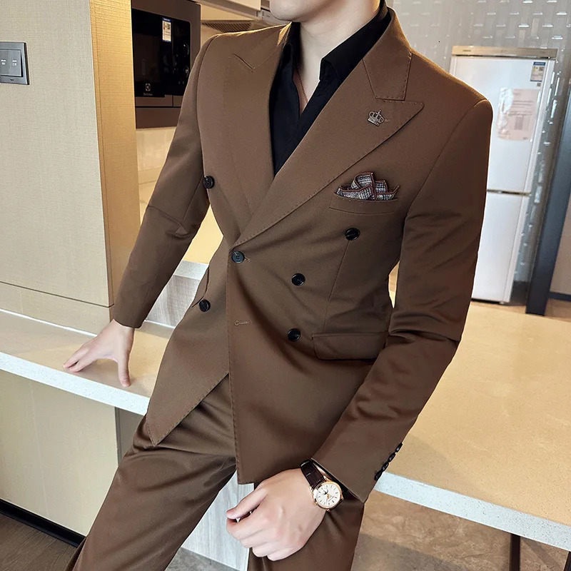 Blazer Trousers Fashion Double Breasted n Slim Mens Suit Italian Style Wedding Social Party Tuxedo 2 Piece Set 241031