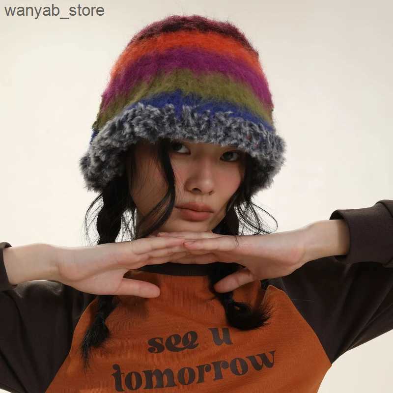 Wide Brim Hats Bucket Hats Japanese New Gradient Wool Vintage Color Stripe Beanies Women Handmade Crochet Beanie Thick Warm Knitted Hat Winter Bucket 