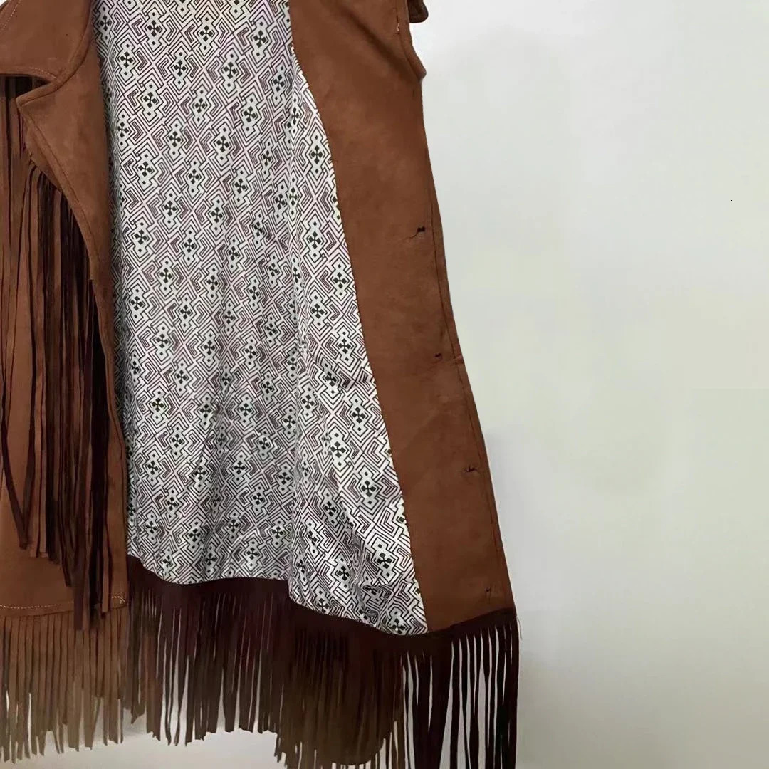 Casual brown collar pocket suede jacket fashionable womens single button long sleeved tassel coat womens autumn street jacket 241031