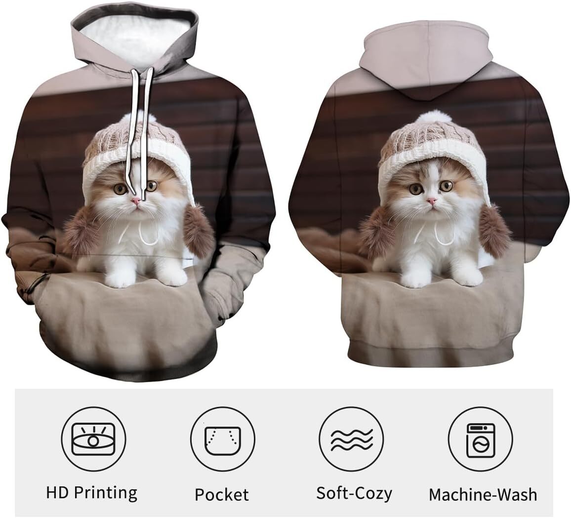Hoodie for Mens Womens Funny Cute Cat Hoodie Animal Graphic Sweatshirt Graphic Hoodies sweatshirt Creative fashion cool Pullover Long Sleeve
