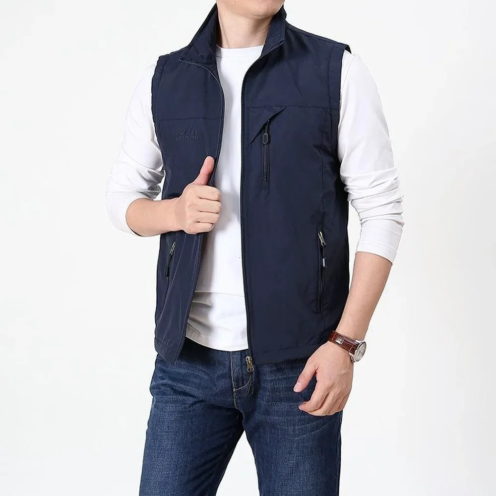Summer Thin Vest Jacket Men Outdoor Casual Clothes Lightweight Short Sleeve Vests Stand Collar Male Trekking Coat Traveling 241031