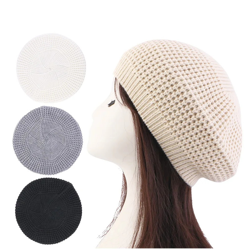 Winter Womens Knit Beret Cap Vintage Female Autumn Hats Casual Elastic Solid Color Ladies Artist Beanie 241031