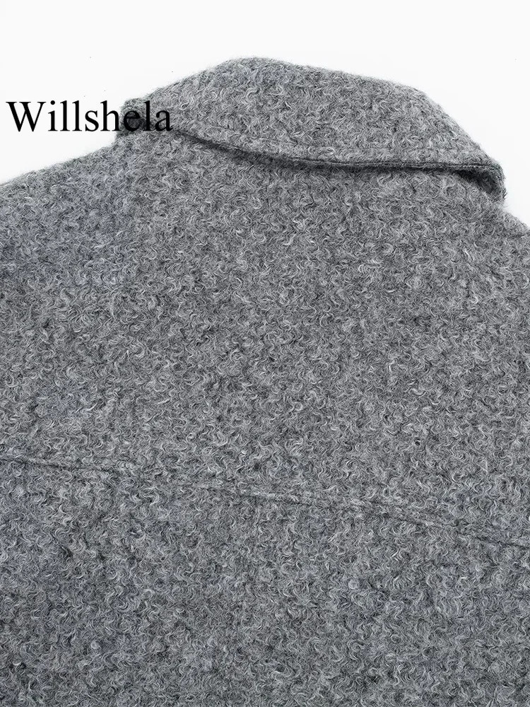Willshela Women Fashion With Pockets Grey Front Zipper Jackets Vintage Lapel Neck Long Sleeves Female Chic Lady Outfits 241024