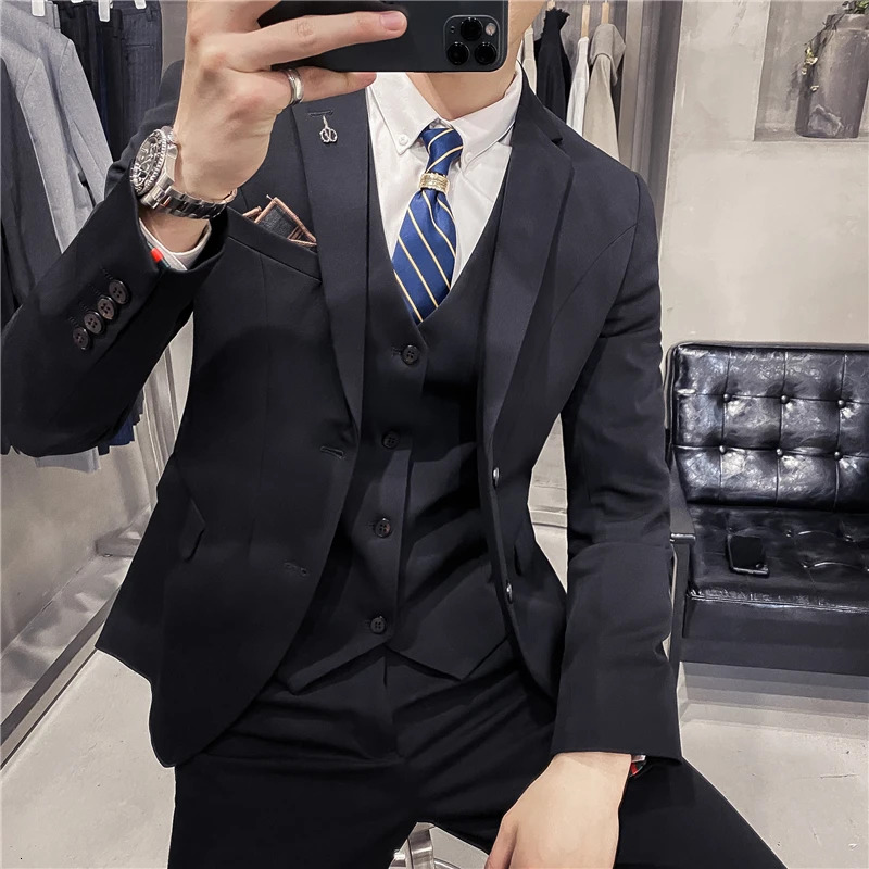 S-7Xl ( Blazer Vest + Pants ) Striped Plaid Solid Color Mens Formal Business Suit 3Pcs Set Groom Wedding Social Show Dress