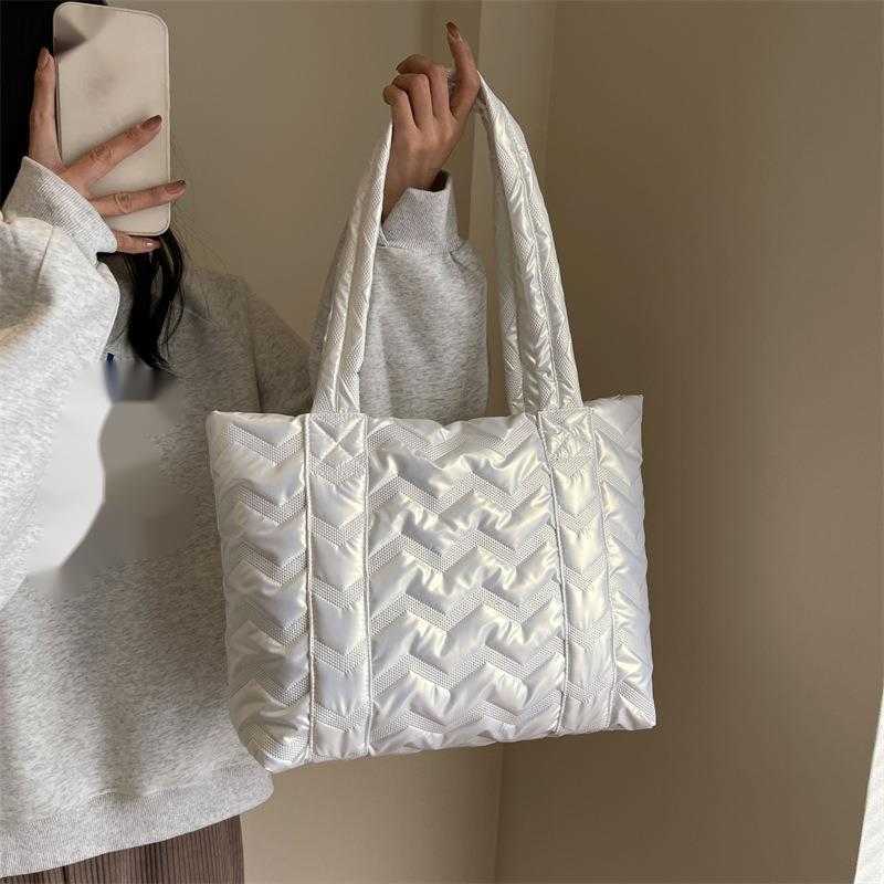 CMM Womens Winter New Large Capacity Fashion Autumn Winter Pearlescent Cotton Jacket Shoulder Bag Down Commuter Tote Bag