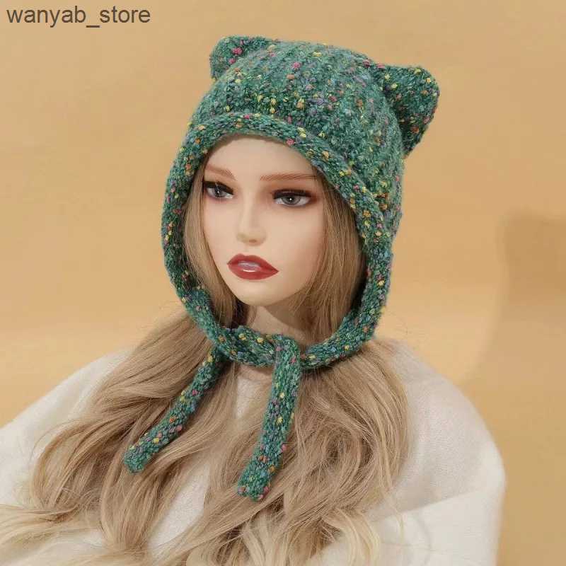 Wide Brim Hats Bucket Hats Cute Knitted Cat Ear Hat Y2K Fashion Crochet Ear Protector Wool Cap Women Winter Warm Pullover Cap Girl Wrap Head Bonnet Be