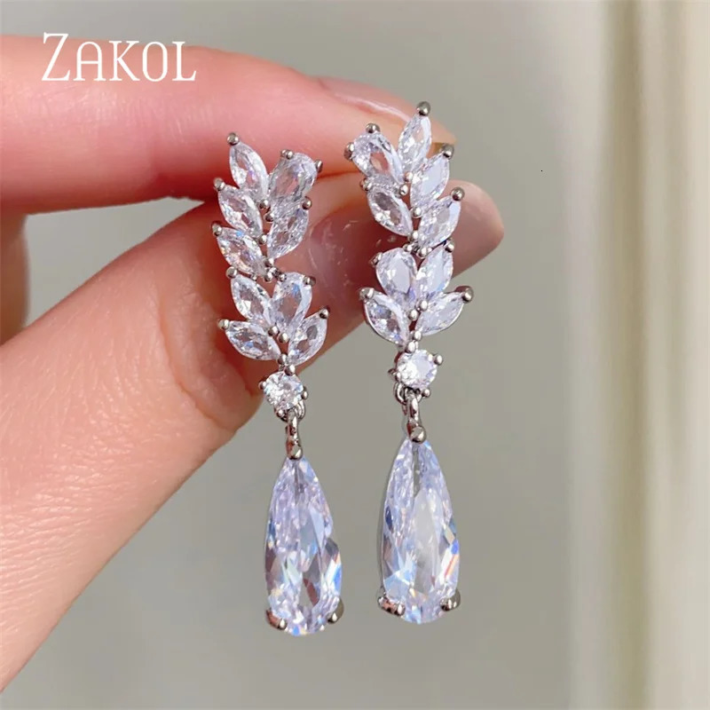 ZAKOL White Zircon Leaf Dangle Earrings for Women Shinny Water Drop Crystal Flower Pendant Earring Bridal Wedding Jewelry 241031
