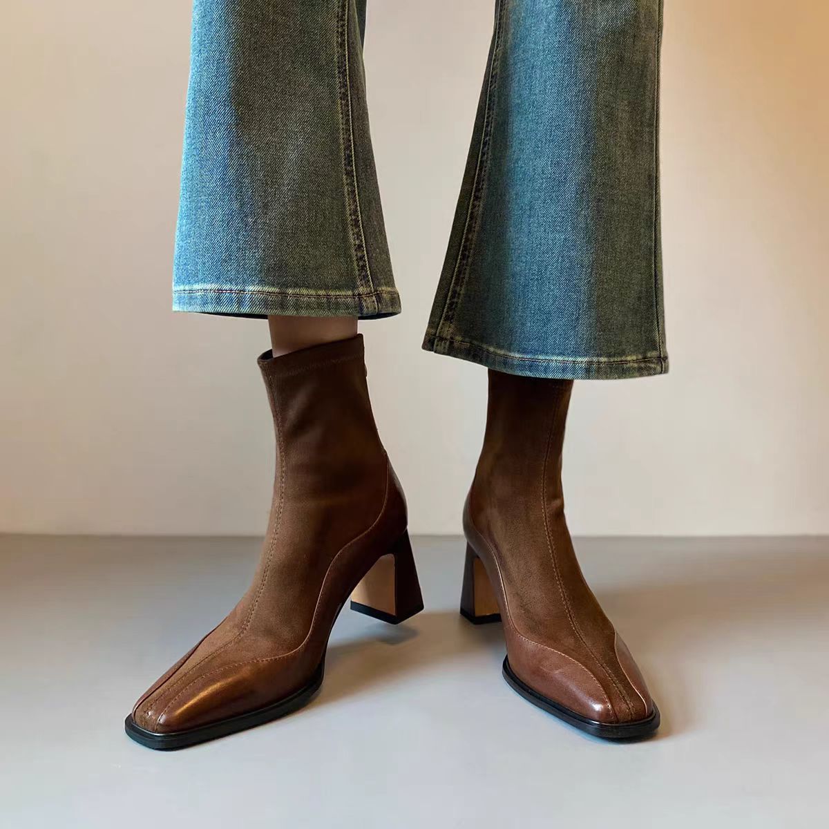 Women's Fashion Boots:France Retro Style Square Toe Boots Winter New Style Design Sense Trendy,Black/Brown,Free shipping
