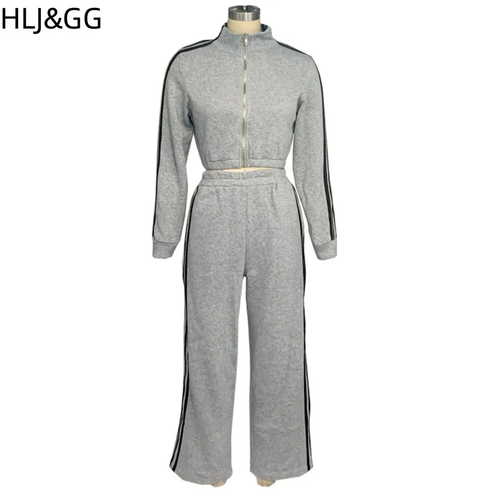 HLJ GG Casual Stripe Print Wide Leg Pants Tracksuits Women Zip Long Sleeve Coat And Pocket Straight Two Piece Sets Outfits 241029
