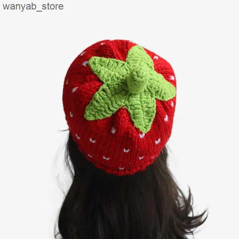 Wide Brim Hats Bucket Hats Sweet Strawberry Hat Handmade Knitted Beanie Caps Girl Adult Cute Casual Red Fruit Skull Pullover Cap L240910