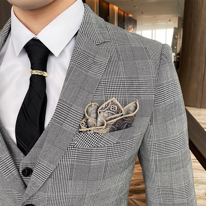 Jacket Vest Pants Spring Autumn Thick Houndstooth Plaid Formal Business Men's Groom Wedding Dress Stage Slim Suit