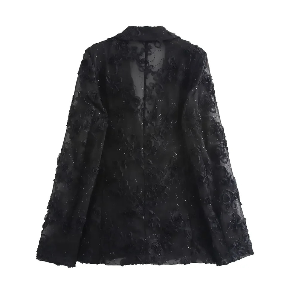 Kar Otza Autumn womens embroidery bead decoration texture semi transparent slim fit suit jacket long pants set 241031
