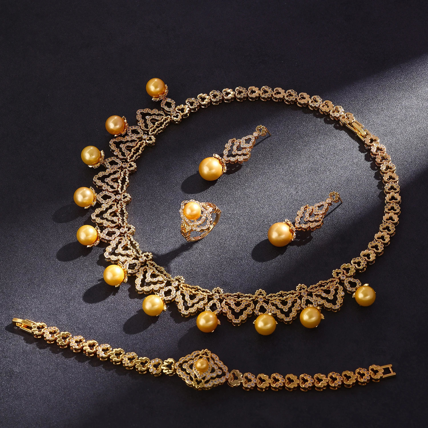 Dubai Gold Plated Pearl 4-piece Necklace and Earring Set with Cubic Zirconia Jewelry Suitable for Female Brides Wedding Party Gifts 241031