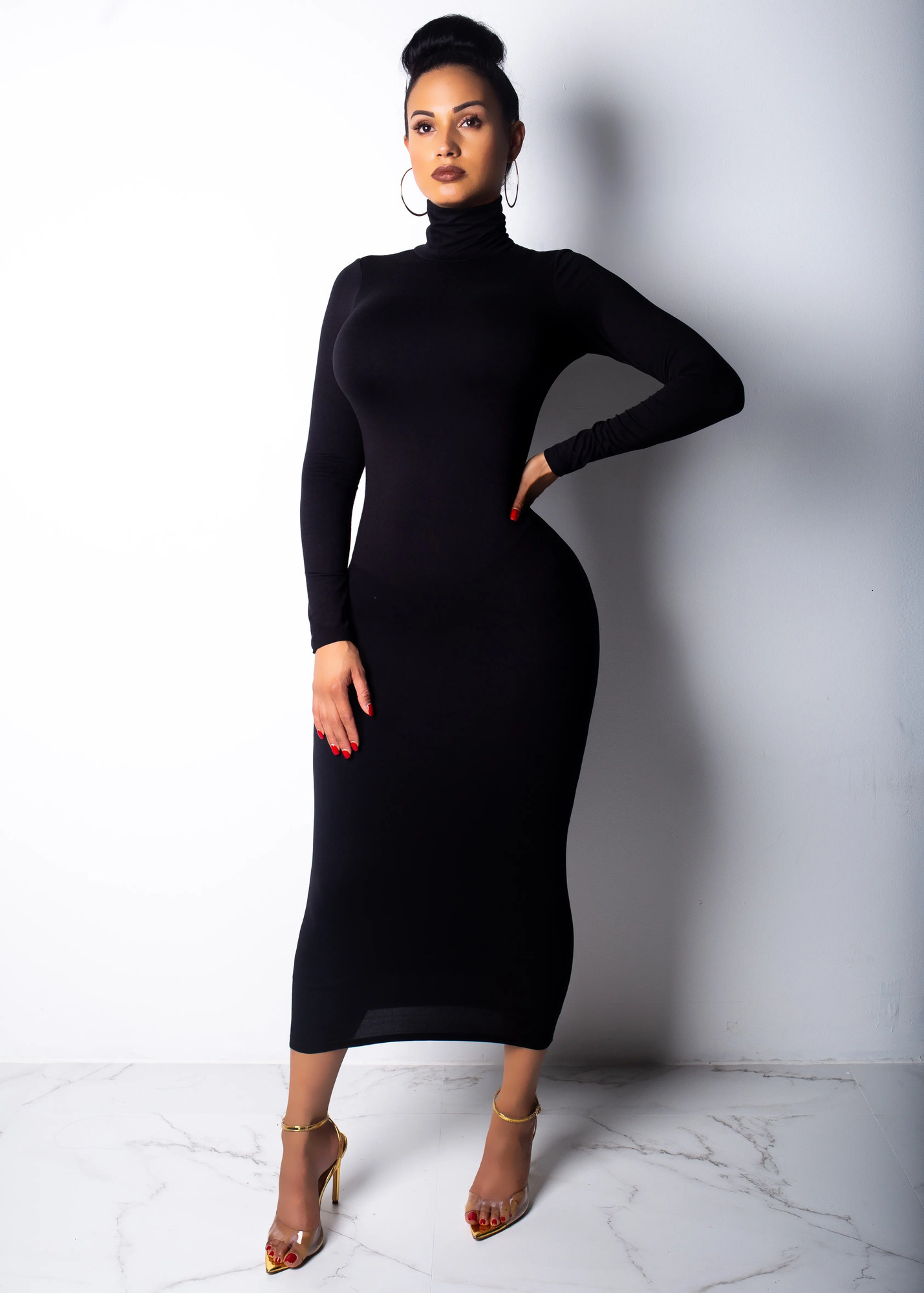 spring Longuette longsleeved Elastic force Slim High collar slim long dress 241031