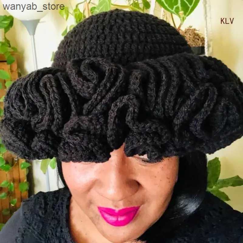 Wide Brim Hats Bucket Hats Sweet Girls Crochet Ruffled Brim Bucket Hat Ladies Fisherman Hat Exaggerated Teens Winter Windproof Hat L240910