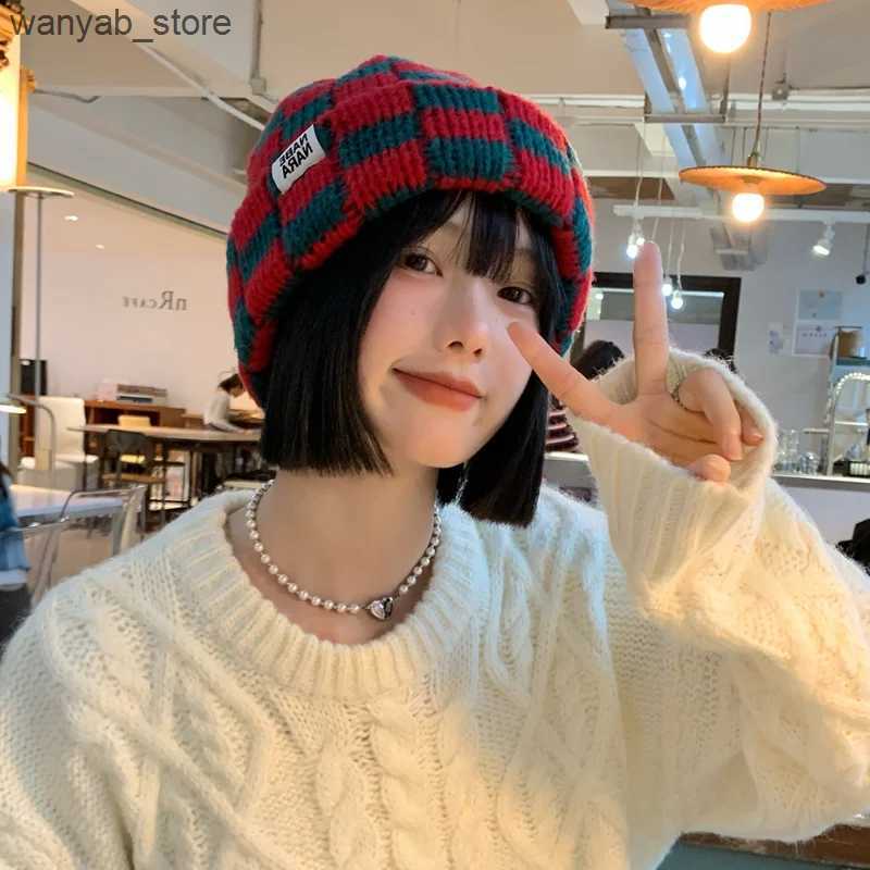 Wide Brim Hats Bucket Hats Chessboard Plaid Knit Beanies for Women Winter Korean Ins Niche Big Head Circumference Pullover Hat Japanese Retro Mens Cap