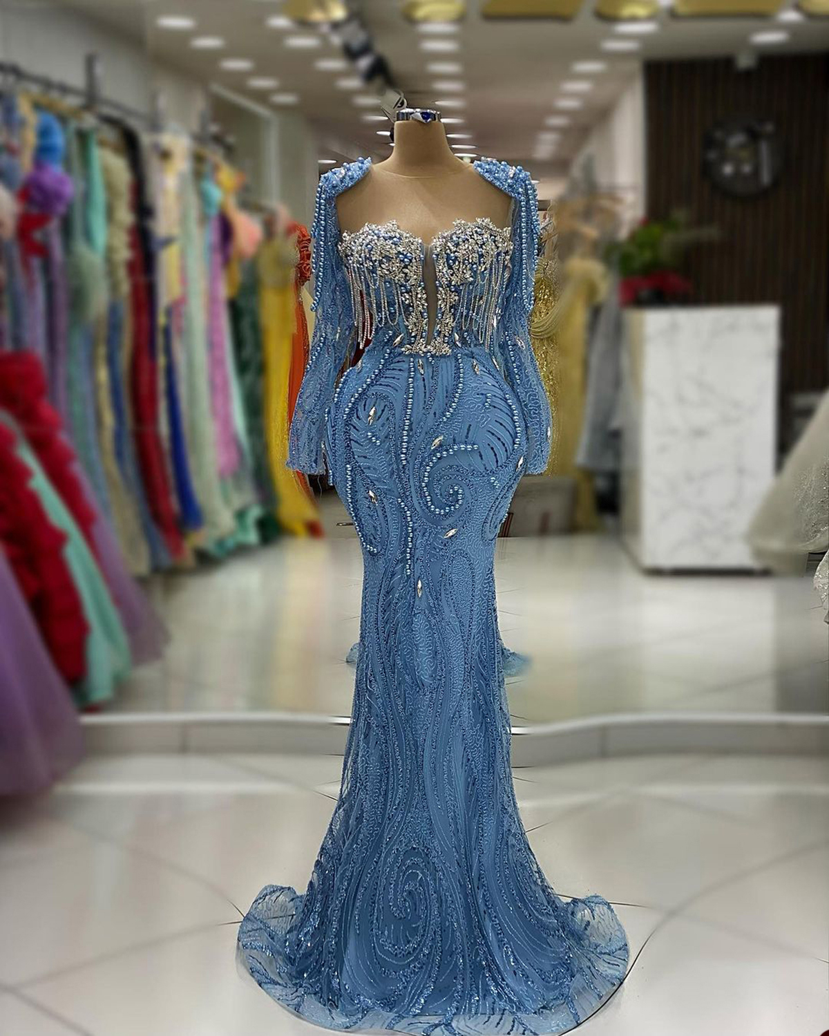Exquisite Mermaid Prom Dresses Shoulder Pad Pearls Chains Beads Lace Sleeves Sweep Train Custom Made Plus Size Party Evening Dress Vestido De Noite 66