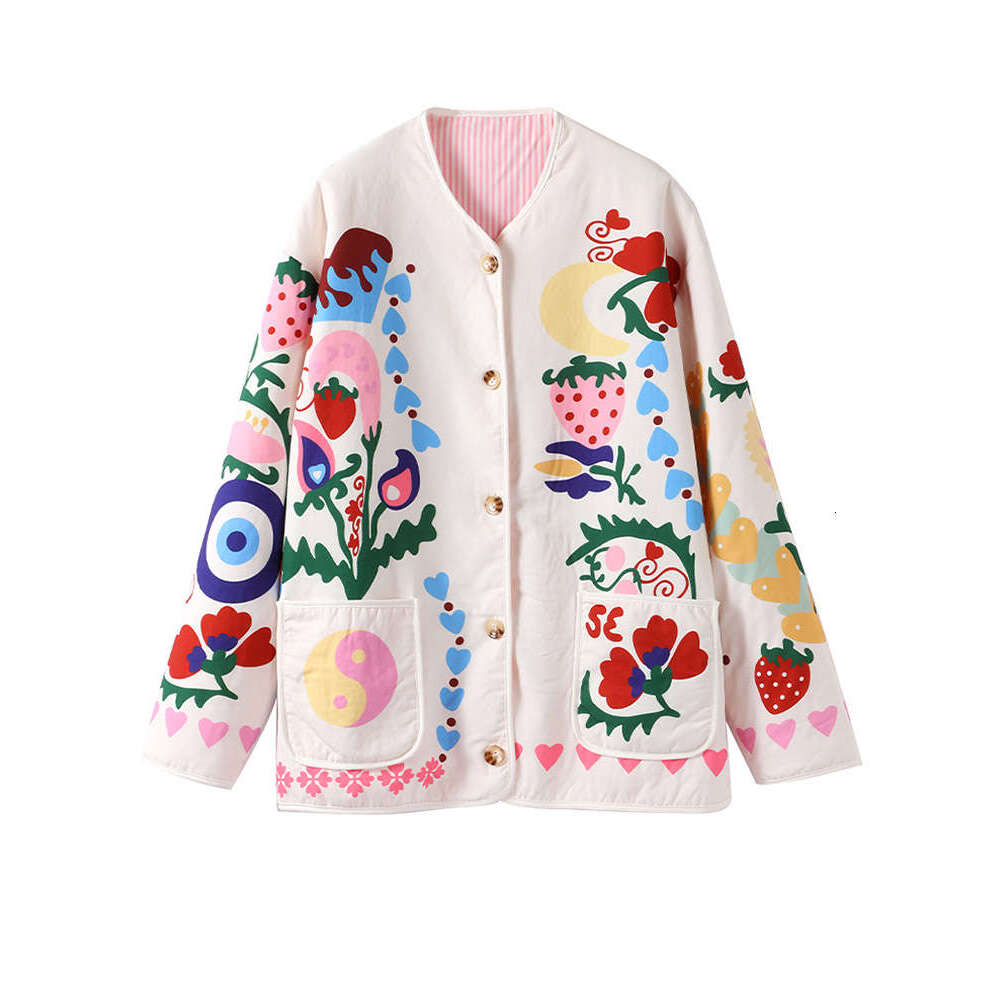 Printed Women's Jacket 2024 Autumn Long Sleeve Single Breasted Female Coats Street Fashion Loose O Neck Contrast Lady Outwears