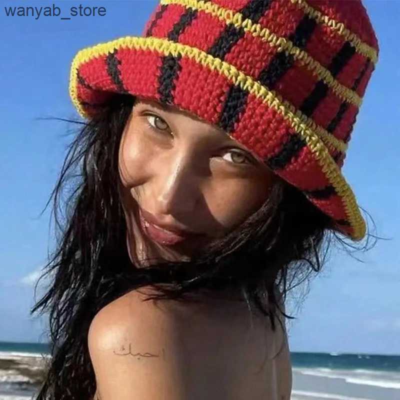 Wide Brim Hats Bucket Hats Handmade Stripe Crochet Knitted Bucket Hat Thermal Tub Hat Vintage Cold Cap Spring Autumn Wool Basin Hat Y2K L240910