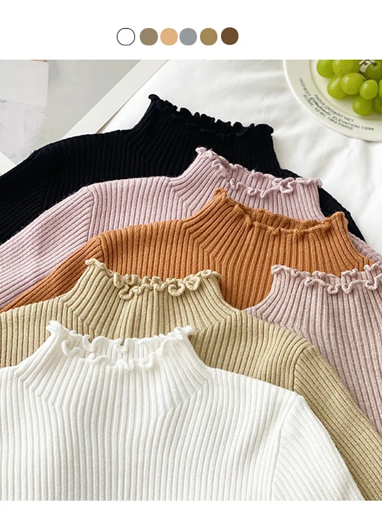 ZJAISS 2024 Long Sleeve Ruffles Turtleneck Slim Jumper Soft Warm Pull Femme Autumn Winter Sweater Women Knitted Ribbed Pullover 241031