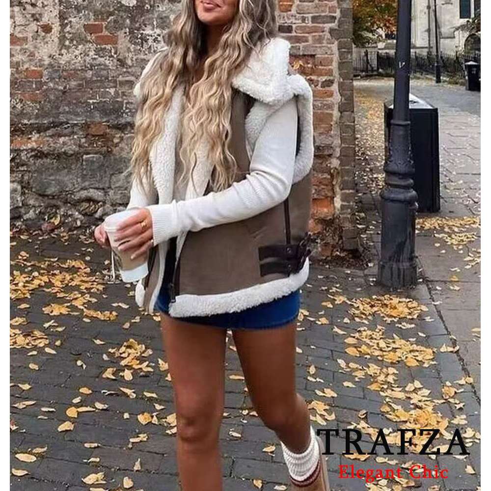 TRAFZA Fall Suede Fleece Women's Zipper Pocket High-Collar Coat New 2024 Fashion Casual Winter Oversize Vest