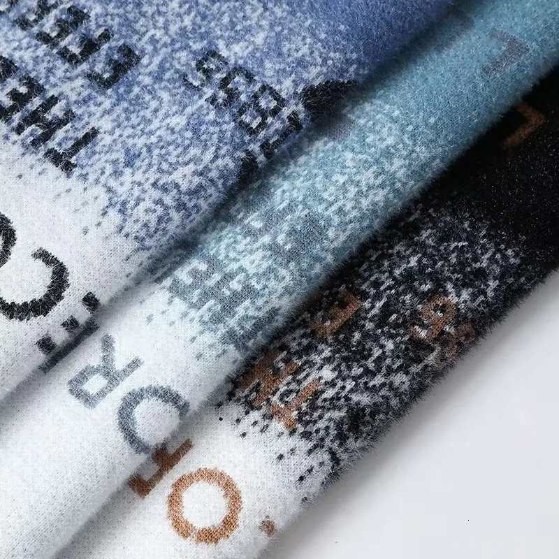 Winter Mens Plush Sweater Japan Warm O Neck Blue High Quality Letter Knitted Top Fashionable Clothing Para Homens 241031
