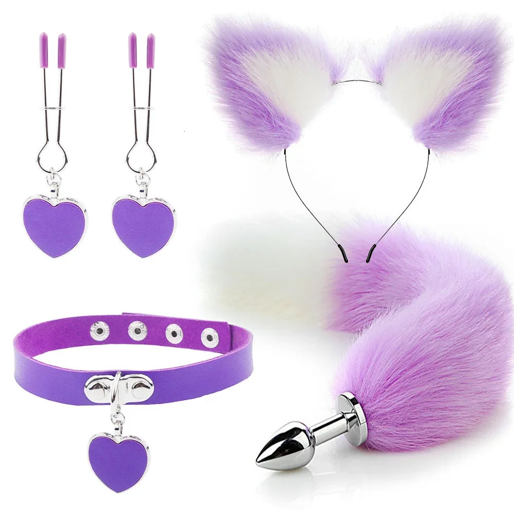 Anal Sex Toys Fox Tail Butt Plug Sexy Plush Cat Ear Headband With Bells Necklace Set Massage Sex toys For Women Couples Cosplay 241031