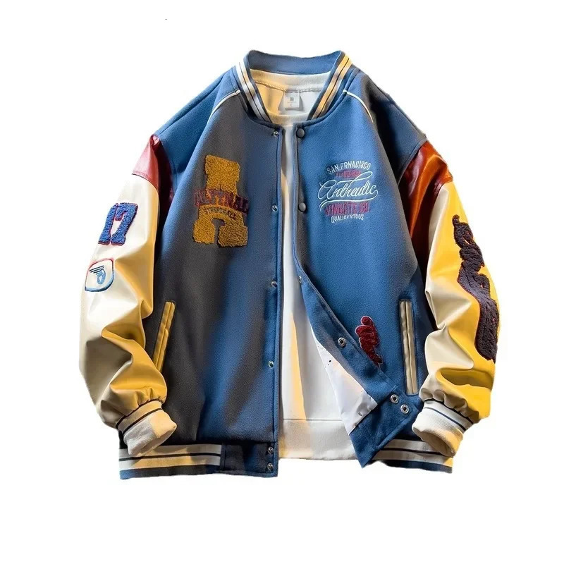 American style retro heavy-duty embroidered baseball jacket mens fashion Pu leather patch work spring and autumn fashion top 241031