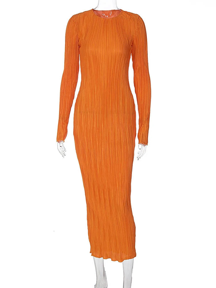 Hugcitar Women Elegant Ribbed Solid O Neck Long Sleeve Maxi Prom Dress Fall Sexy Bodycon Evening Birthday Party Y2K Robe 241031