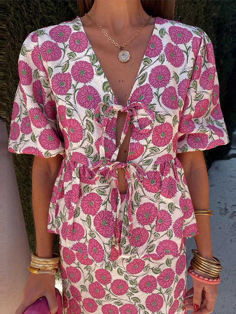 Fashion Floral Midi Skirt Sets Women Hollow Bow Lantern Short Sleeve Top High Wigh Female Suit Summer Holiday Lady Set 240329