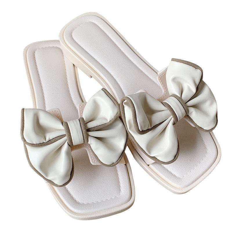 Cute card Girl Sweet Bow flat sandals for women summer wear 2024 new non-slip soft soled sandals