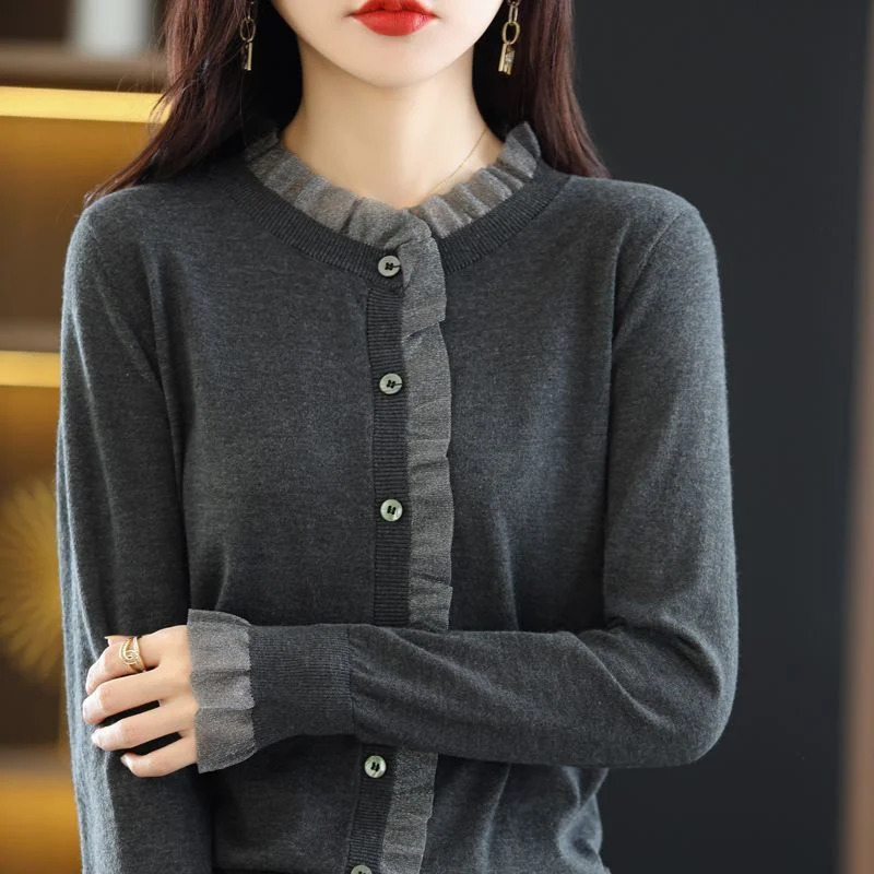 Korean Autumn Winter Fashion Casual Pullover Sweater Women Solid Round Neck Button Lace Patchwork Long Sleeve Knit Top 241029