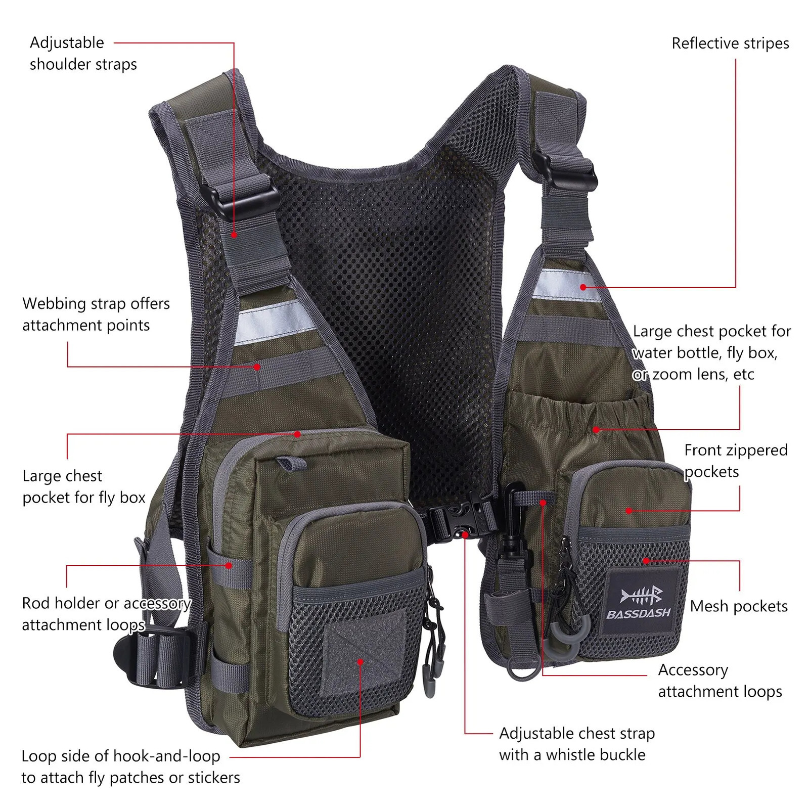 Bassdash FV08 Ultra Lightweight Fly Fishing Vest for Men and Women Portable Chest Pack One Size Fits Most 241031