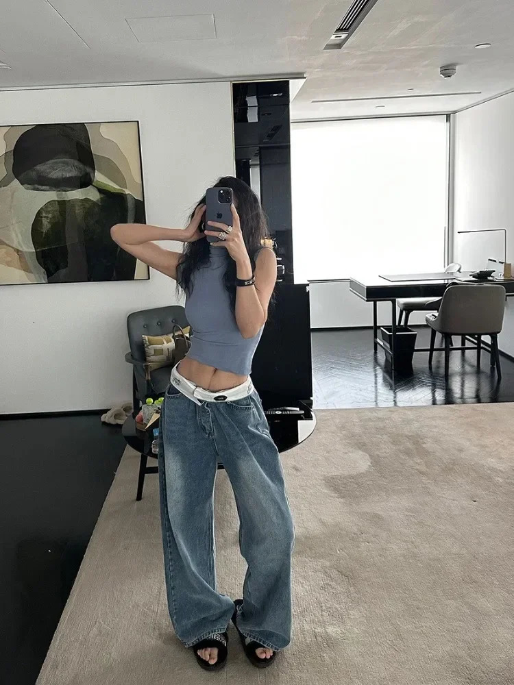 Vintage Y2k Jeans Women Baggy Kpop Gyaru Streetwear Wide Blue Denim Pants Harajuku Korean Acubi Fashion High Waist Jeans 241031