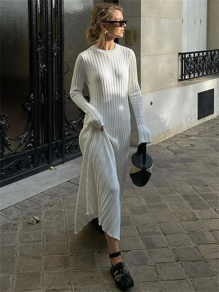 Lace-Up Female Knit Maxi Dress Autumn High Waist Fashion Patchwork Long Sleeve Loose Solid Dress Bandage Knitwear Dress 241031