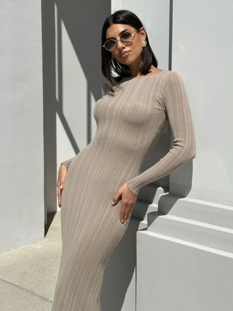 Autumn Long Sleeve Knitted Maxi Dress Women Elegant Sexy Pit Strip O-Neck Bodycon Evening Party Dresses 2024 Lady Casual Dress 241031