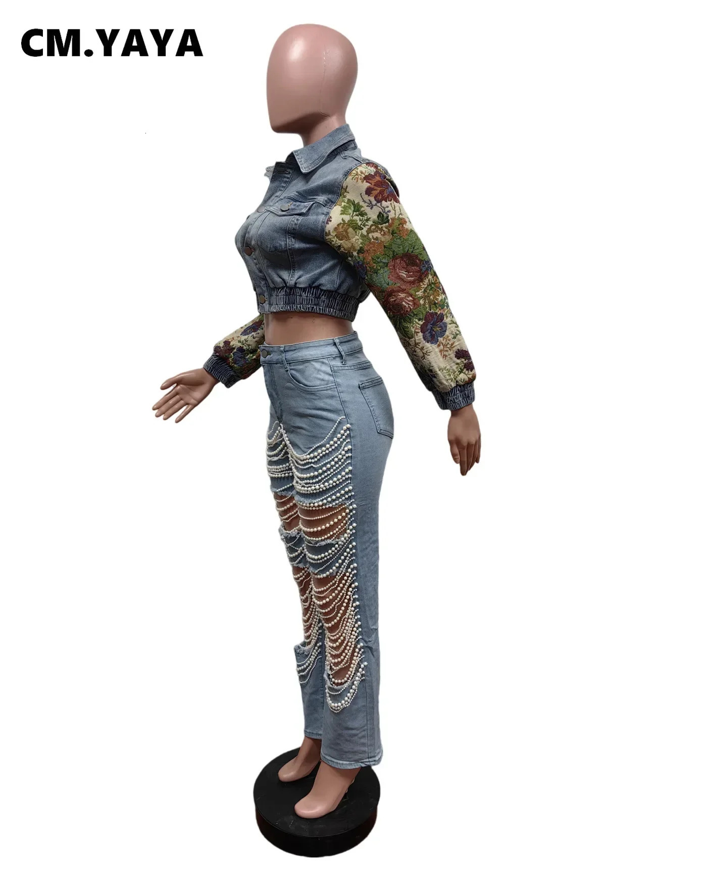 CM.YAYA Women Fashion Floral Printed Long Sleeve Patchwork Denim Jacket 2024 Fall Winter Female Streetwear Jean Denim Coat 241031