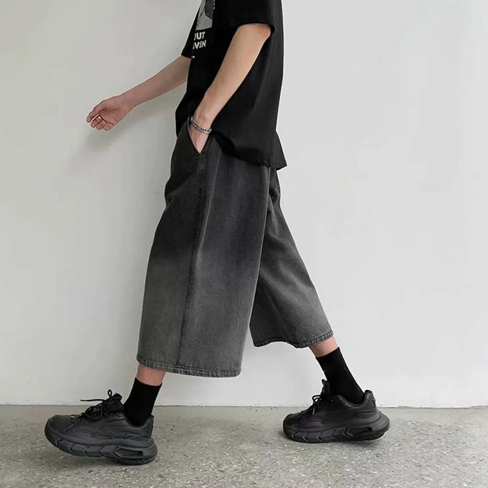 2024 Summer Mens Denim Shorts Casual Elastic Waist Wide Leg Drawstring Baggy Jeans Male 241024