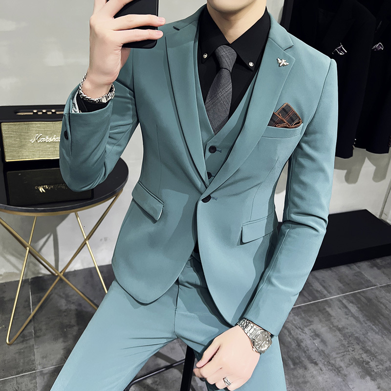 (Jacket Vest + Pants) High-End Brand Boutique Fashion Solid Color Office Mens Casual Business Suit Groom Wedding Gown