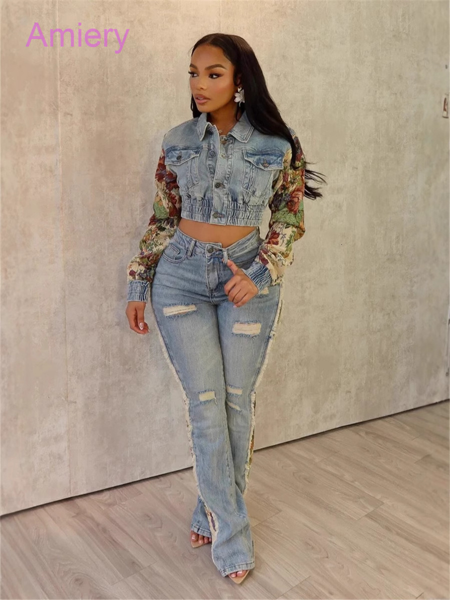 Denim Floral Ptinted Patchwork Two Piece Set Women 2024 Fall Winter INS Tracksuit Full Sleeve Jacket And Ripped Jeans Pants Casual Suit 2PCS Sets For 