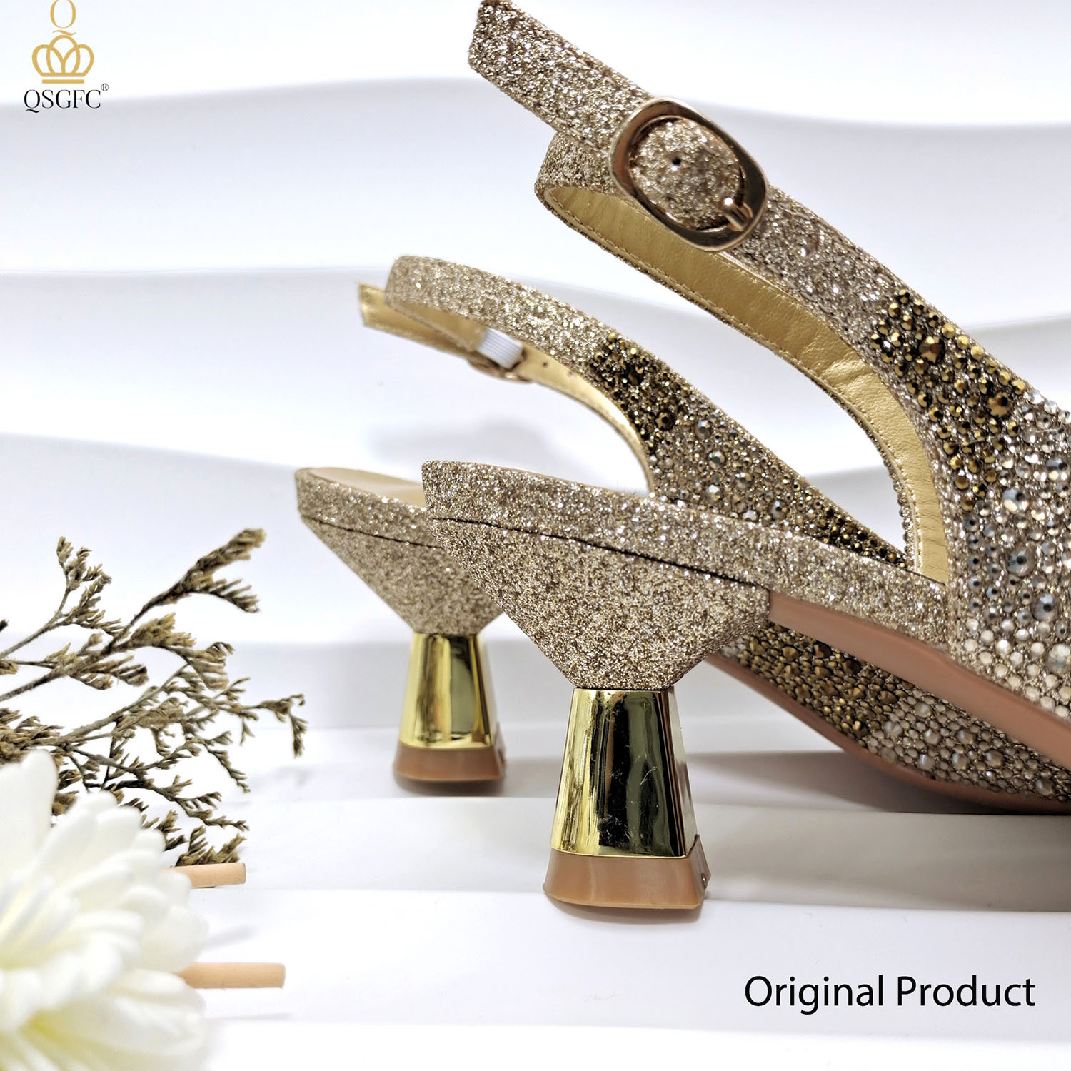 QSGFC INS 2024 Gold Color Elegant Women And Set Hollow Rhies High Heels Wedges Shoes Matching Bag 241110