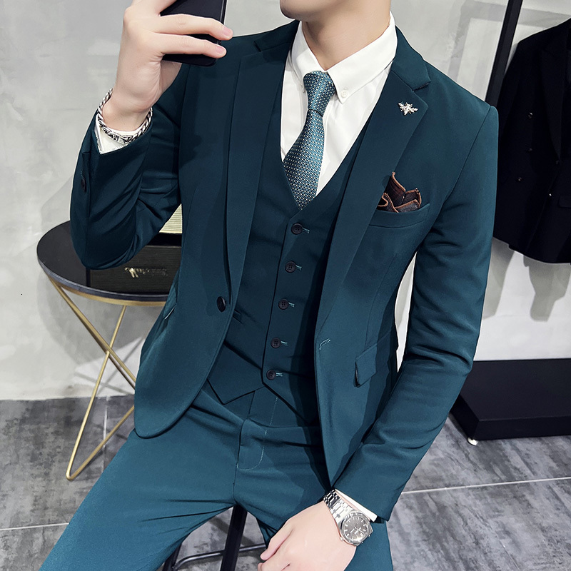 (Jacket Vest + Pants) High-End Brand Boutique Fashion Solid Color Office Mens Casual Business Suit Groom Wedding Gown