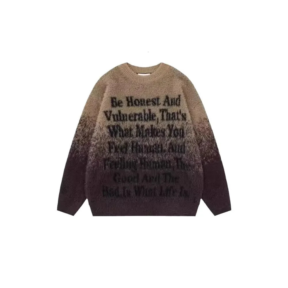 Casual Long Sleeve Knit Top For Men Lazy Gradient Letter Print Loose Fit Slimming Round Neck Sweater Style Autumn Season 241031
