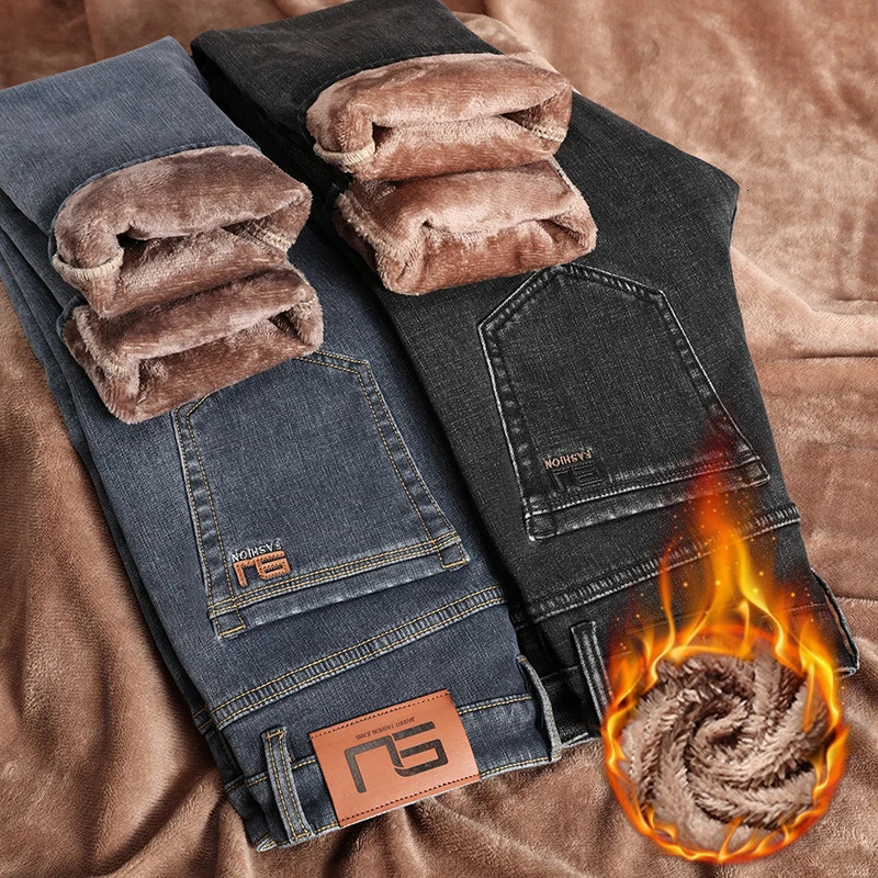 Classic Vintage Original Mens Winter Jeans Fleece Thick Warm Cotton Stretch Quality Clothing Fit Straight Nostalgic Denim Pants 241031