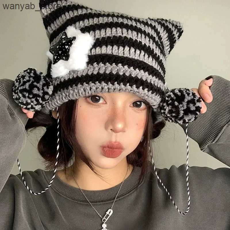 Wide Brim Hats Bucket Hats Cute Ear Knitted Hat For Women Winter Warm Pullover Cap Plush Ball Striped Sweater Beanie Korean Girl Star Woolen Crochet B